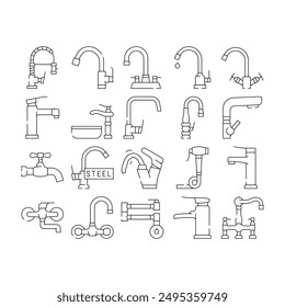 faucet water sink tap bathroom icons set vector. clean home, modern interior, white drop, wash, plumbing metal, hous pipe faucet water sink tap bathroom black contour illustrations