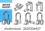Faucet, water tap pipe for kitchen sink, washing hand and drinking glass, skin care hygiene cleaning line icon. Home sanitary plumbing equipment for bathroom, restroom. Wet palm with soap suds. Vector