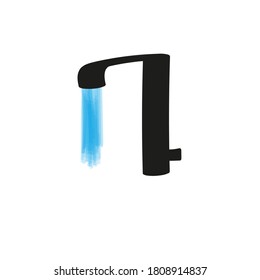 Faucet con icono de vector de agua ilustración de símbolo negro aislado en fondo blanco. Golpear en estilo plano. Colocar el texto. Fácil de usar para imprimir y para web.