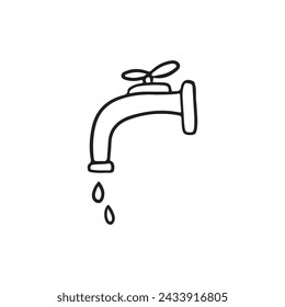 A faucet from which water drips in black isolated on white background. Hand drawn vector sketch doodle illustration in vintage line art. Concept of water blocked, clean water for drinking.