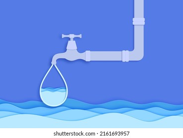 Faucet from which water drop flows in paper cut style. Flowing liquid and waves in blue papercut art. Water pipe with tap valve. Save the Water ecological poster. Environment card template. Vector.