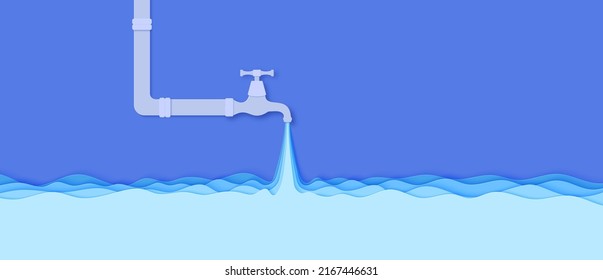 Faucet From Which Water Flows In Paper Cut Style. Flowing Liquid And Waves In Blue Papercut Art. Water Pipe With Tap Valve. Save The Water Ecological Poster. Environment Card Template. Vector Card.