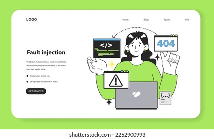 Fault injection web banner or landing page. Software testing methodology. IT specialist searching for bugs in code. Website and application development. Flat vector illustration