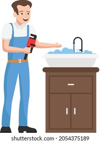 Fault in Kitchen Closet Concept, Man holding Pipe Wrench Vector Icon Design, Plumber equipment Symbol, Handyman Service Works Sign, Sanitary technician Stock illustration