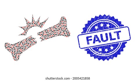 Fault scratched stamp seal and vector recursion mosaic bone fracture. Blue stamp seal contains Fault text inside rosette. Vector collage is constructed of randomized rotated bone fracture items.