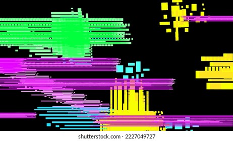 Interfaz defectuosa con fallos y píxeles rosa, verde, azul congelados. Efecto de ajuste de un dispositivo defectuoso con fallo de interfaz. Abstracción vectorial del diseño tecnológico.