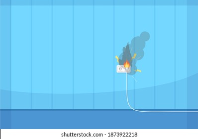 Fehlerhafte Verdrahtung halbflach RGB Farbvektorgrafik. Hochspannung. Brennende Flamme. Elektrischer Kurzschluss. Elektro- und Brandschutz einzeln auf dunkelblauem Hintergrund