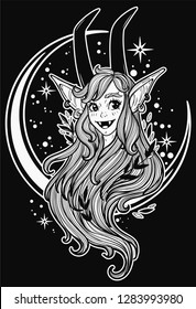 Faun girl on the background of the moon. Fantasy, spirituality, mythology, tattoo art, coloring books. Isolated vector illustration.