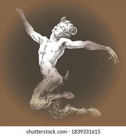 A Faun hovers in a jump on a dark background.