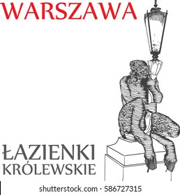 Faun with a lantern, a sculpture in the Royal Lazienki. Vector illustration in engraved style.  Lazienki Królewskie is a Garden the most beautiful planned area in Warsaw. 