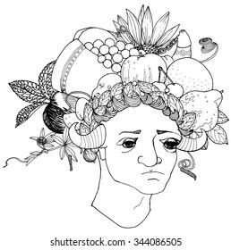 Faun with laurel wreath, fruits and horn of plenty vector design for color book