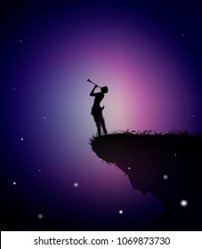 faun playing trumpet at the edge of the rock in the summer night, vector