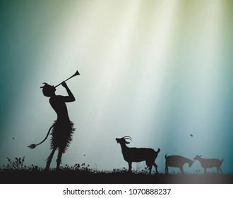 faun shepherd herds the goats in the morning sun rays, satyr, silhouette,