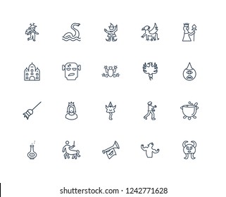 Faun, Werewolf, Fanfare, Centaur, Potion, Queen, Phoenix, Karakasakozou, Broomstick, Frankenstein, Elf outline vector icons from 20 set