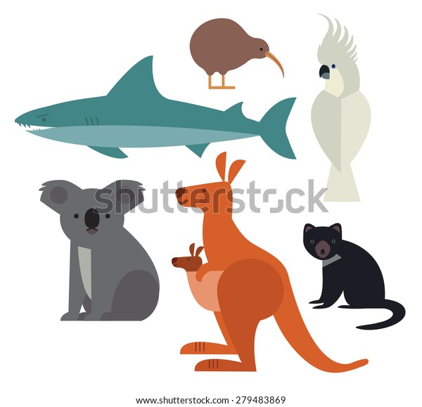 オーストラリアとニュージーランドの動物相 コッカトゥー タスマニアデビル カンガルー サメ キウィ コアラなどの動物のベクターイラスト のベクター画像素材 ロイヤリティフリー