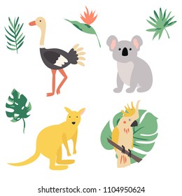 Fauna of Australia. Vector illustration of animal set including cockatoo, kangaroo and koala.