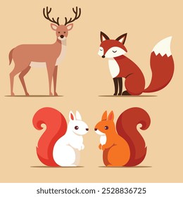 fauna in autumn, deer, fox, and squirrel, in vector style. autumn