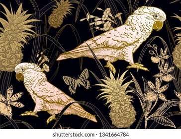 Fauna and flora of rainforest. Seamless vector background. Parrot, orchid flowers, butterfly and pineapple fruit. Vintage engraving. Vector illustration. Wildlife pattern. Gold foil, white and black.