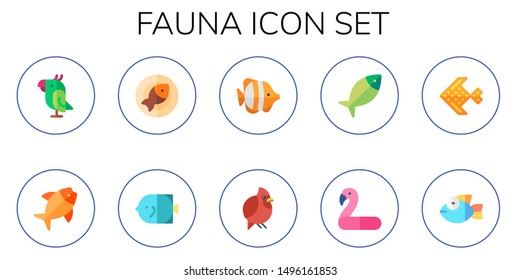 fauna icon set. 10 flat fauna icons.  Collection Of - parrot, fish, bird, flamingo
