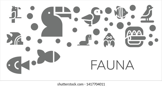 fauna icon set. 11 filled fauna icons.  Collection Of - Parrot, Toucan, Fish, Sea lion, Hermit crab, Bird