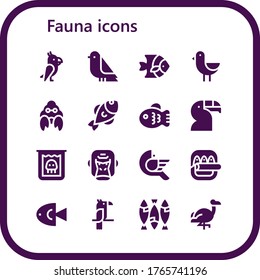 conjunto de iconos de la fauna. 16 íconos de fauna rellenos.  Iconos modernos sencillos como: Loro, pájaro, pescado, cangrejo ermitaño, tocano, criatura, gorila, flamenco