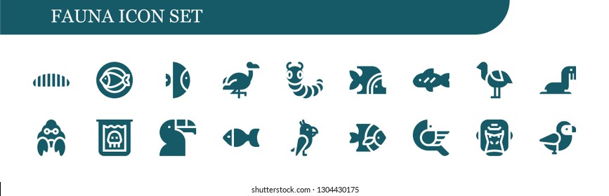 fauna icon set. 18 filled fauna icons.  Simple modern icons about  - Caterpillar, Fish, Flamingo, Ostrich, Sea lion, Hermit crab, Creature, Toucan, Parrot, Bird, Gorilla