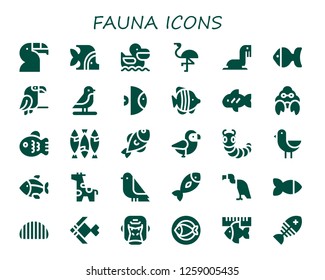  fauna icon set. 30 filled fauna icons. Simple modern icons about  - Toucan, Fish, Pelican, Flamingo, Sea lion, Parrot, Bird, Hermit crab, Caterpillar, Giraffe, Vulture, Gorilla