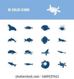 Fauna icon set and arctic char fish with atlantic bottlenose dolphin, gemfish and flying fish. Marine fish related fauna icon vector for web UI logo design.