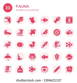 fauna icon set. Collection of 30 filled fauna icons included Toucan, Fish, Parrot, Crocodile, Bird, Flamingo, Seagull, Manta ray, Hermit crab, Saber toothed tiger, Aviary, Goldfish