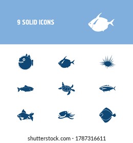 Fauna icon set and sea urchin with blowfish, goldfish and tuna. Moon fish related fauna icon vector for web UI logo design.