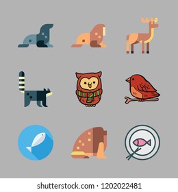 fauna icon set. vector set about racoon, toad, deer and fish icons set.