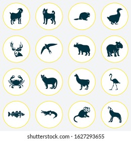 Fauna icons set with capybara, deer, goose and other ape elements. Isolated vector illustration fauna icons.