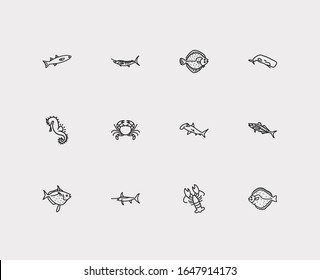 Fauna icons set. Crab and fauna icons with flatfish, moon fish and lobster. Set of crayfish for web app logo UI design.