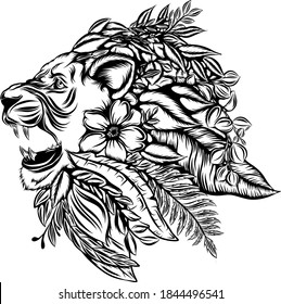 The fauna of the lion head with the flowers and leaves as the mane