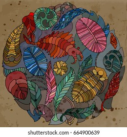 Fauna of Neoproterozoic and Paleozoic Era. Bright illustration. Anomalocaris, Vendia, Dickinsonia, Charnita, Trilobita. Circle pattern.