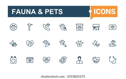 Fauna  Pets linear icon collection. Containing pet shop, animal, veterinary, animal lymph, pet, animals, vet and more. Outline icon collections. Editable vector outline and solid icons.