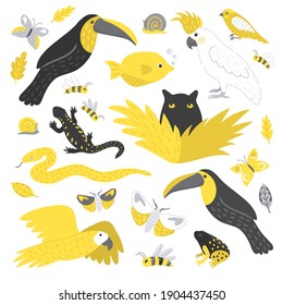 Fauna set in 2021 trendy colors. Yellow and gray animals, birds, insects, fish. Frog, toucan, snail, salamander and parrot. Funny cat or panther in bush. Creative modern hand drawn creatures. 