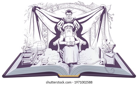 Faust and Mephistopheles devil seduces scientist alchemist. Open book vector illustration