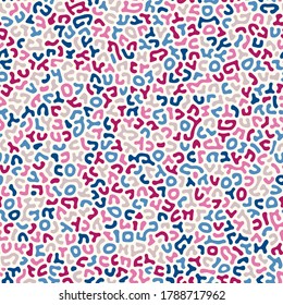 Faux ABC doodles, abstract seamless vector pattern. Made up symbols imitating alphabet letters. Pink and blue colors kids background.