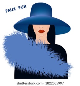 Faux fur blue collar with a long pile, woman in an elegant hat - vector. Fashion.