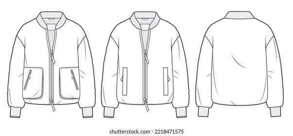 Faux Fur Bomber Jacket technical fashion Illustration. Zipper Jacket technical drawing template, rib collar and cuffs, leather pockets, front and back view, white, women, men, unisex CAD mockup set.