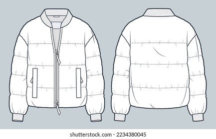 Faux Fur Bomber Jacket Moda técnica Ilustración. Teddy fur Coat plantilla técnica de dibujo, tejido, cremallera, bolsillos, vista frontal y posterior, blanco, mujeres, hombres, conjunto de simulación CAD unisex.