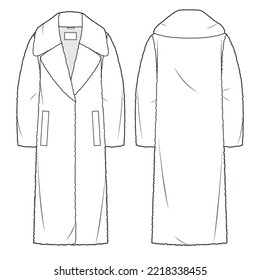 Faux Fur Coat technical fashion Illustration. Fur Coat technical drawing template, midi length, long sleeve, pockets, front and back view, white, women, men, unisex CAD mockup set.