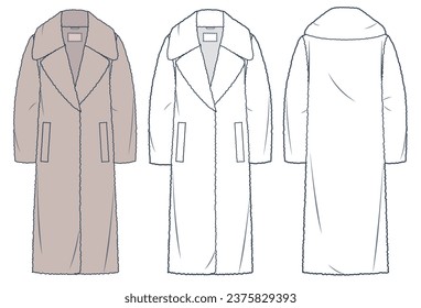Faux Fur Coat technical fashion Illustration. Teddy Fur Coat fashion flat technical drawing template, midi length, pockets, front and back view, white, braun color, women, men, unisex CAD mockup set.