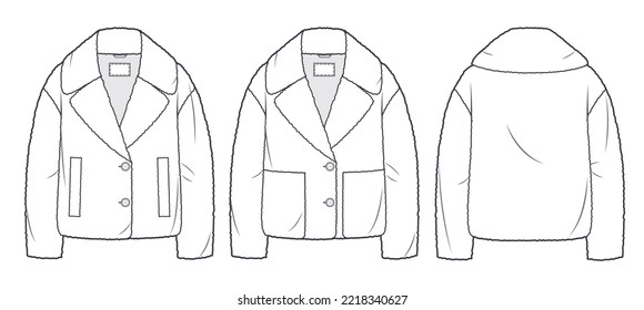 Faux Fur Jacket technical fashion Illustration. Outerwear technical drawing template, button-up, pockets, front and back view, white, women, men, unisex CAD mockup set.