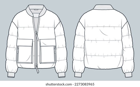 Moda técnica de la Chaqueta Faux Fur Ilustración. Moda de ultrajes planas de dibujo técnico, cremallera, bolsillos, vista frontal y trasera, blanco, mujeres, hombres, conjunto de simulación CAD unisex.