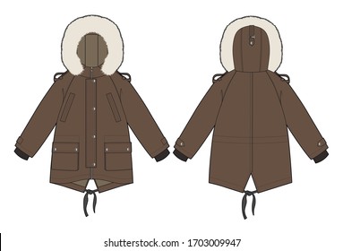 Faux fur parka, vector sketch. Kids wear