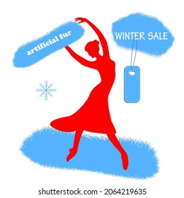 Faux fur, sale, woman silhouette - isolated on white background - vector. Fashion beauty. Artificial fur.