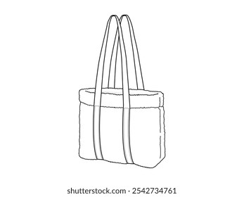 Faux fur tote bag technical fashion illustration. Fuzzy Tote Handbag fashion flat technical drawing template. 3 4 view. collection. unisex. white colour. CAD mockup.