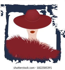 Faux fur. Woman in hat and fur red collar with long fluffy fur - abstract background - vector. Fashion.